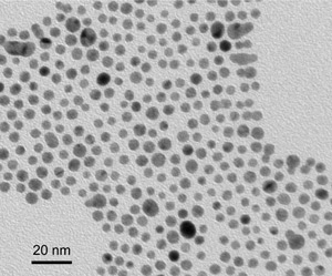 3-5 nm (1-mercaptounde-11-yl) tetra-ethylene glycol-coated gold (mean core diameter 4.74 ± 0.73 nm).